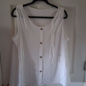 Women's White Eyelet Button-Front Tank with Tie Shoulders
